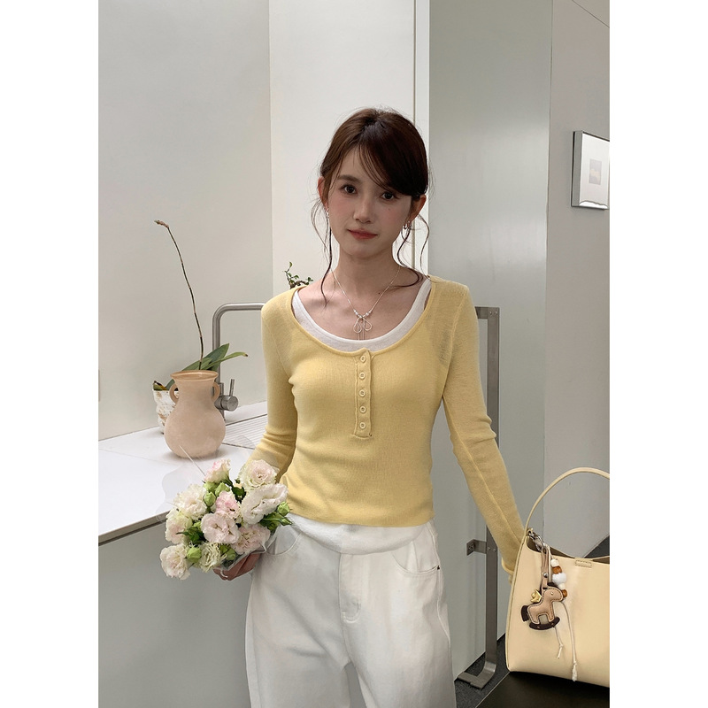[No Returns or Exchanges] Fake Two-Piece Simple Knit Sweater for Women, Slim Fit, Korean Style Long-Sleeve Top Ye028