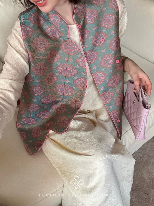 深圳南油原创草木染蜀锦两面穿马甲立领修身马甲女粉色国风外搭潮|undefined