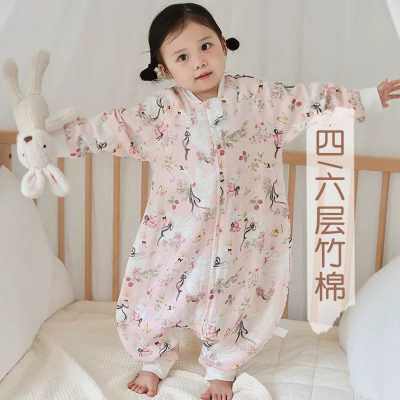 婴儿竹棉纱布睡袋宝宝短袖家居服儿童睡觉防踢被春夏季薄款睡衣
