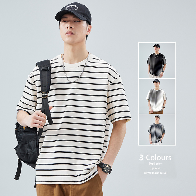 Striped short-sleeved round neck T-shirt men's summer fashion brand tooling ruoshuai loose casual plus size men's sweater top