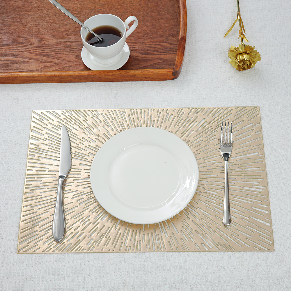 Fuegos artificiales hollow-out placemat ronda patrón de radiación de PVC dorado occidental placemat oro y plata estera de la tabla estera DE LA PLACA DE AISLAMIENTO impermeable