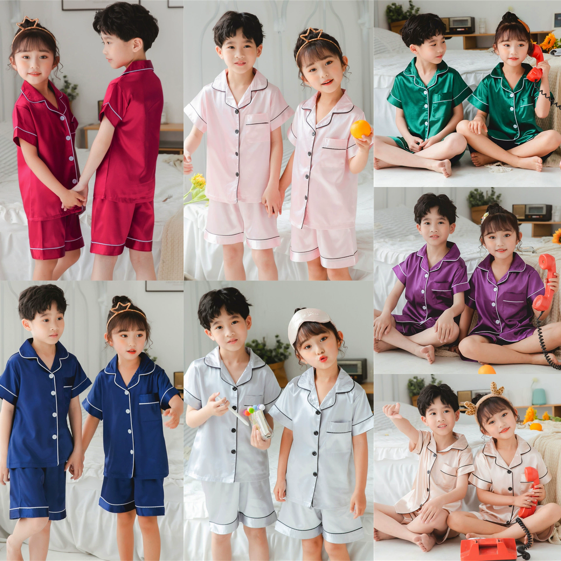 Детская Пижама летняя из тонкого искусственного шелка Ice Silk с короткими рукавами детская одежда для мальчиков и девочек Двойной короткий домашний костюм