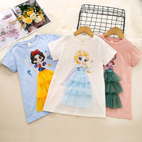Children's clothing, girls 2024 new summer casual short-sleeved T-shirt base skirt wholesale cotton cartoon anime clothes