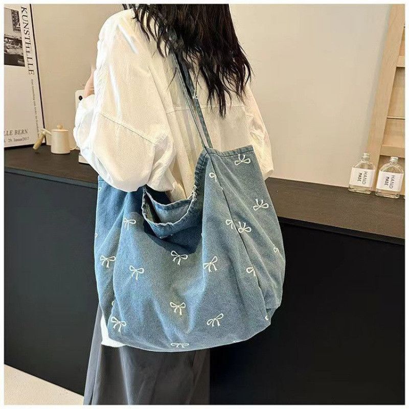 2026 Single-Shoulder Bowknot Denim Bag Large Capacity New Style Commuter Casual Versatile Fashion Tote Bag for Women