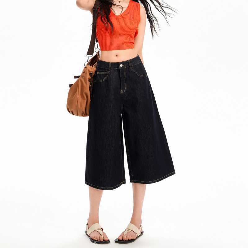 In-Stock Wholesale Dark Blue High-Waisted Cropped Casual Jeans for Women, Summer Thin Loose Straight-Leg Slimming Versatile Seven-Point Pants