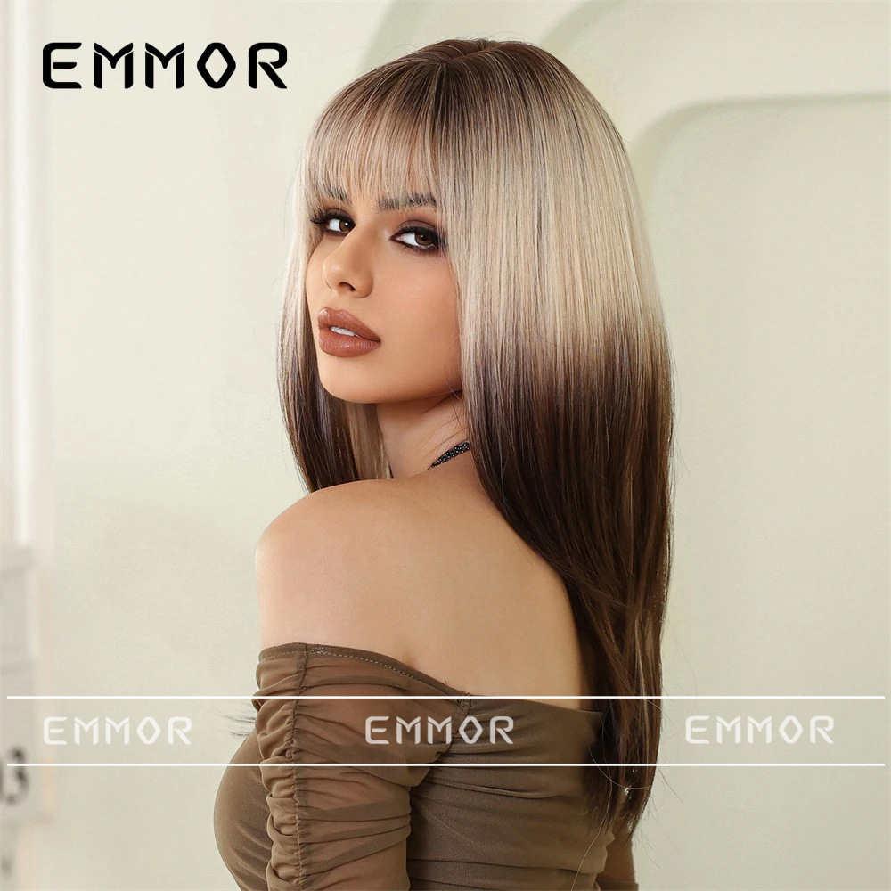 Suministro transfronterizo de nuevos productos Qi flequillo dorado degradado marrón en capas micro-rizado peluca europea y americana tipo de cabello completo