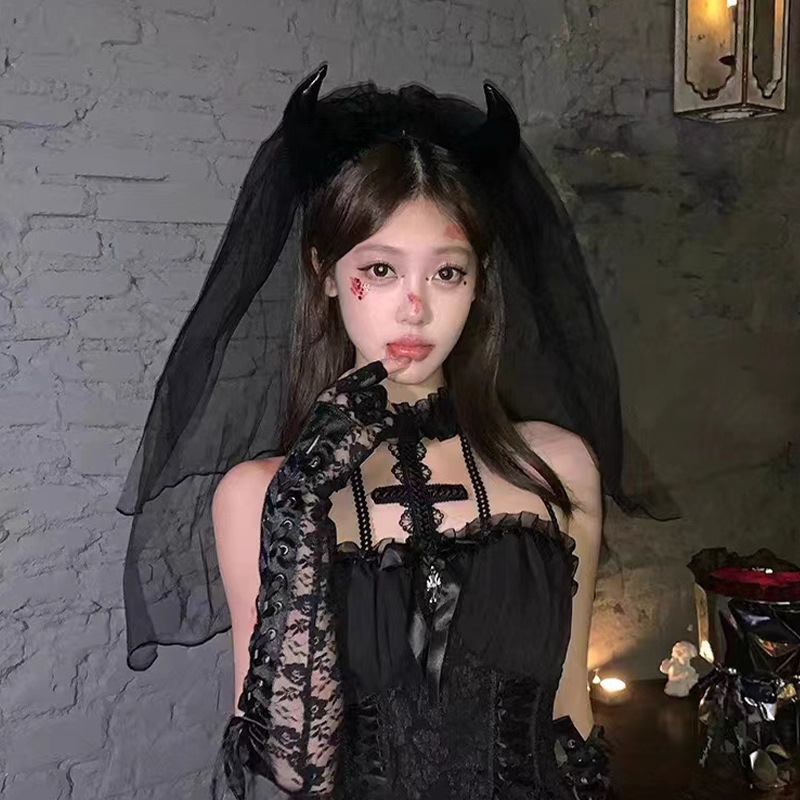 万圣节头饰暗黑系蝴蝶结鬼新娘头纱黑色发箍搞怪装扮恶魔发饰头箍|undefined