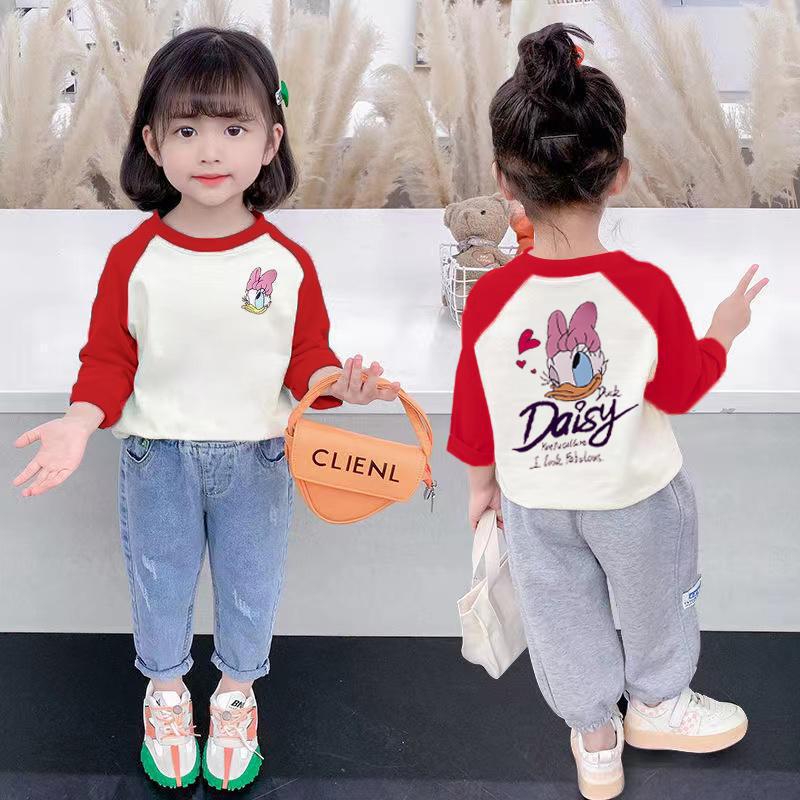 Girls' Cotton contrast color T-shirt children's western style top Korean spring and autumn round neck girls' cute bottoming shirt Donald Duck T
