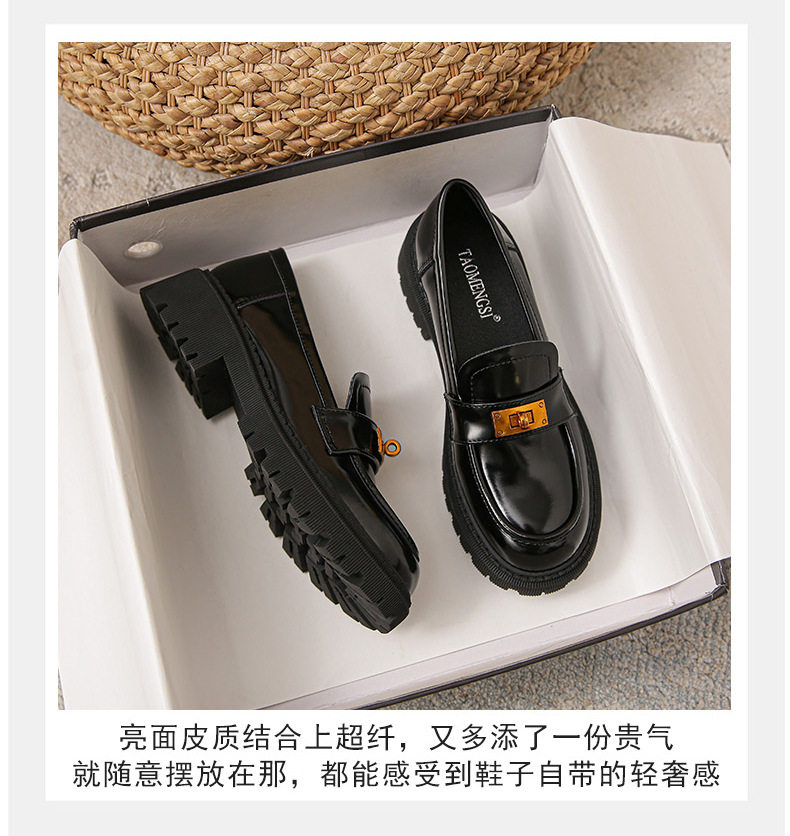 Giày lười nữ da mềm mũi tròn đế dày khóa vàng gót vuông 3–5 cm — Màu đen chi tiết 9