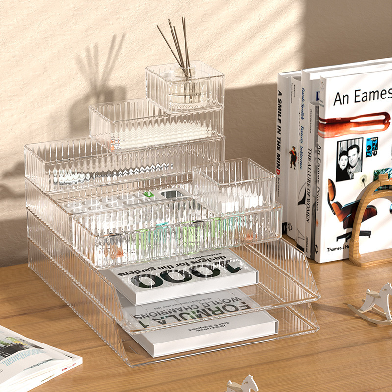 Light luxury stackable desktop sundries storage box office transparent ins organizing box PET striped cosmetics storage basket