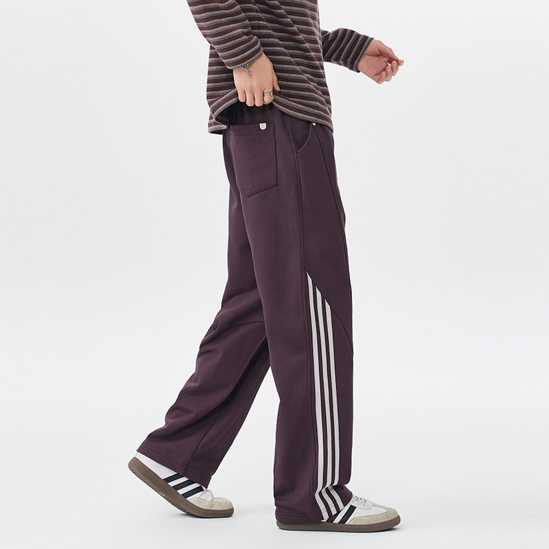 Pantalones a rayas americanos de alta calle para hombres 2025 otoño recto de tendencia cilíndrico de diseño deportivo relajado pantalones casuales de niebla púrpura image 4