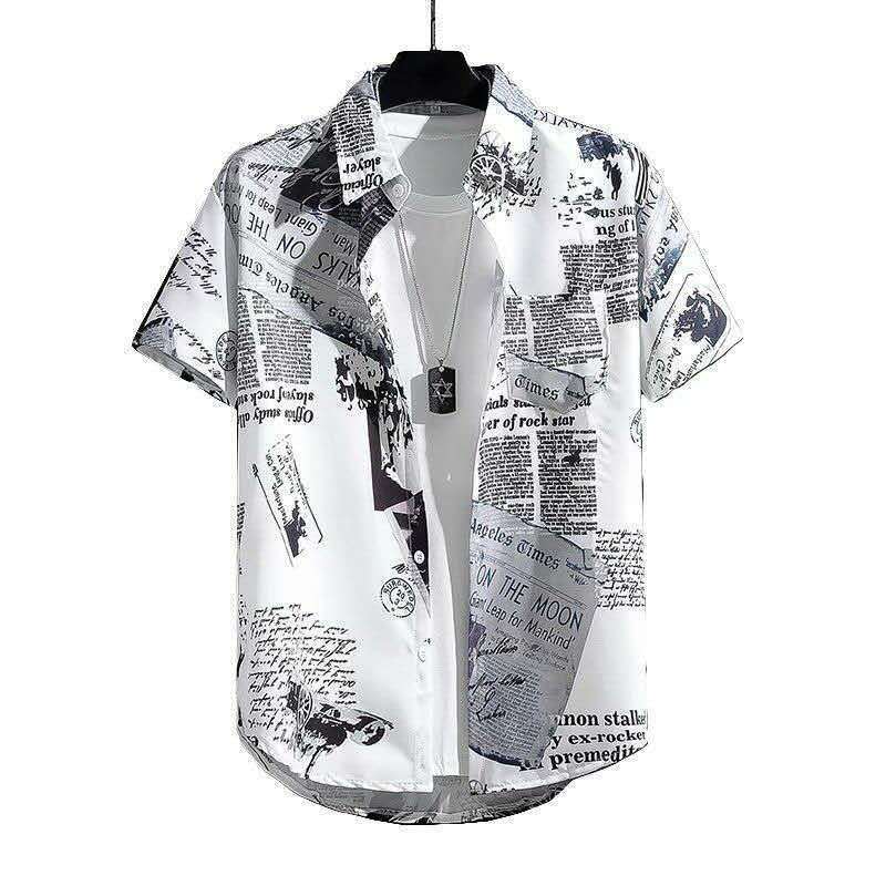 Newspaper Printed Short-sleeved Shirt Men's Summer Thin Loose Hong Kong-style Japanese Korean-style All-match Casual Shirt Men's