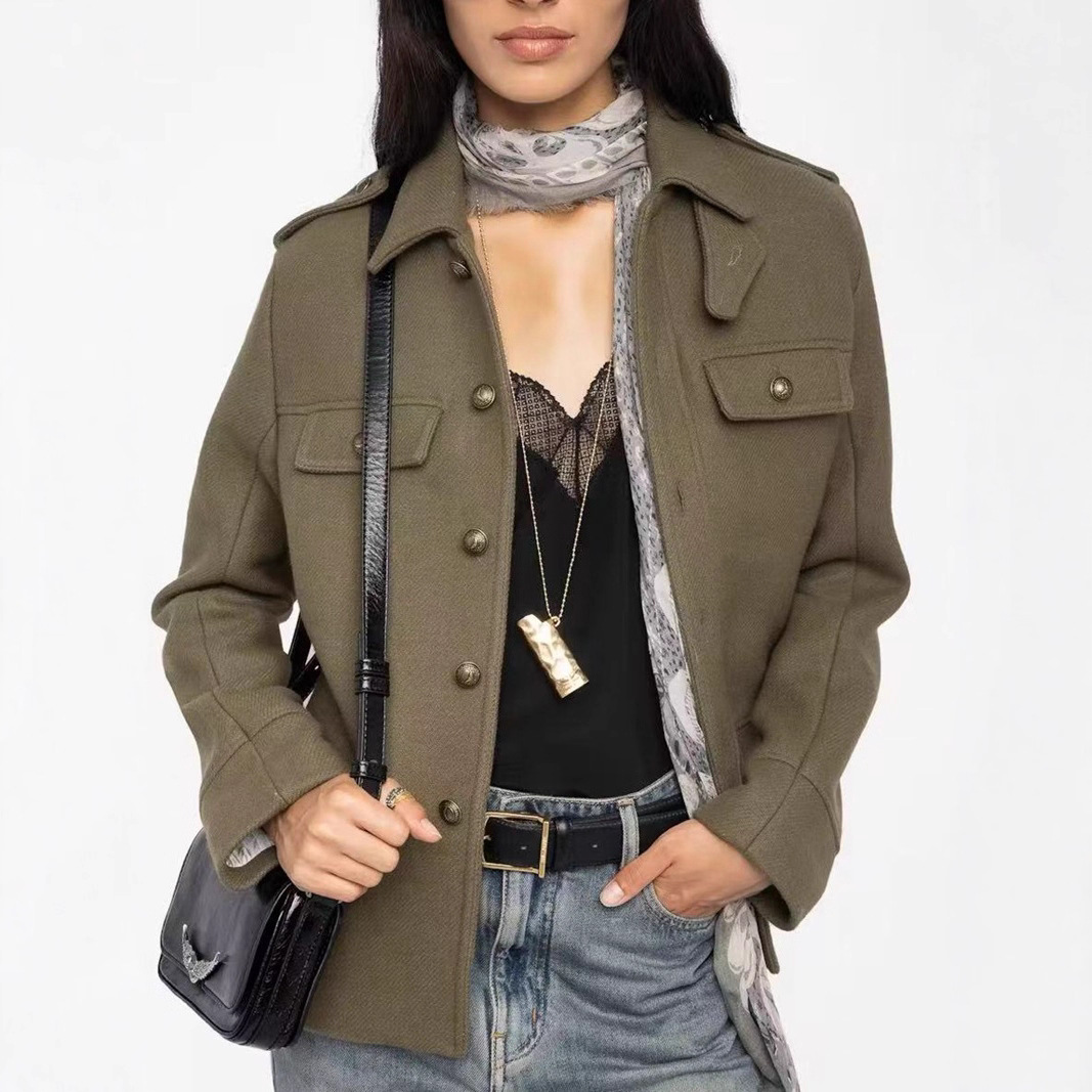 Cross-Border Exclusive Z@V Women's Jacket 2025 Autumn and Winter Fashion Casual Army Green Short Jacket Wool Coat
