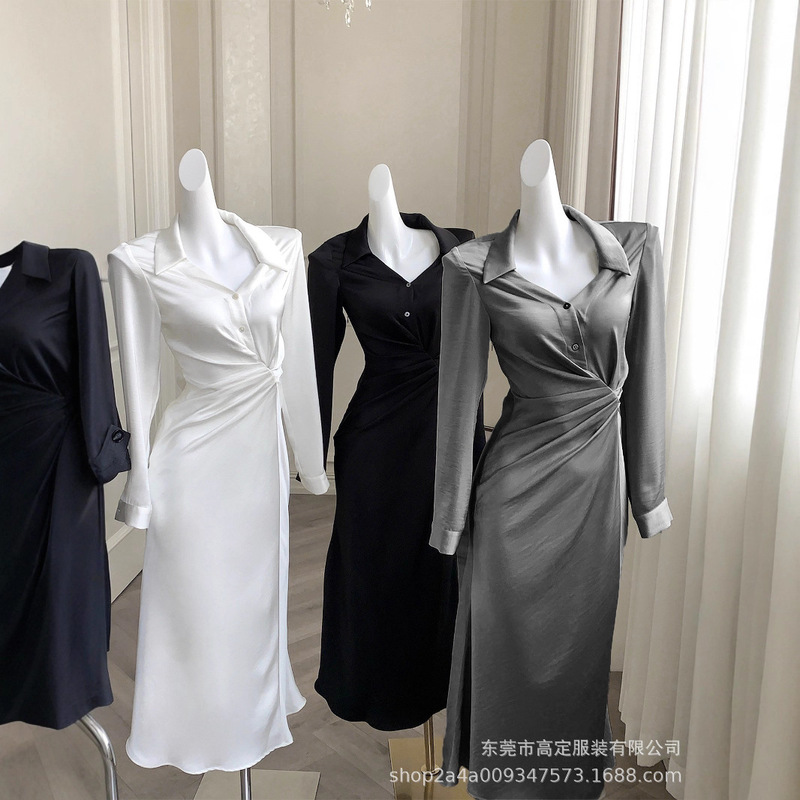 High-End Japanese Heavy Acetate Satin Autumn V-Neck Shirt Dress with Elegant Pleats, Waist-Cinching, Slimming Fishtail Design High-End Japanese Heavy Acetate Satin Autumn V-Neck Shirt Dress with Elegant Pleats, Waist-Cinching, Slimming Fishtail Design