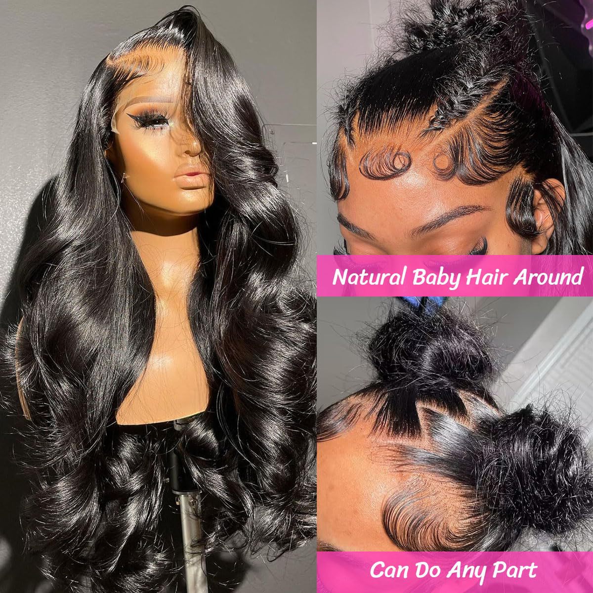 Peluca de pelo largo y ondulado negro de estilo europeo y americano para mujer, disponible en Amazon, con conjunto de peluca de fibra sintética con malla frontal opcional, estilo europeo y americano.