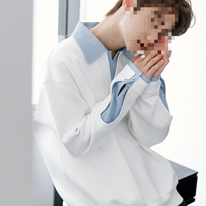 CHICERRO西西里男装假两件翻领拼接休闲宽松长袖套头感卫衣|undefined