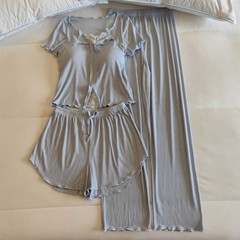 モーダルパジャマ女春夏胸パッド付き半袖長ズボン2点セット新作ネット赤風高級感ホームウェア