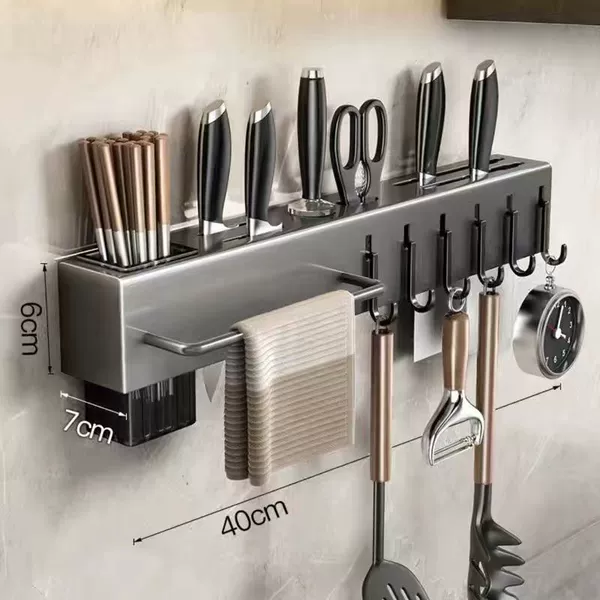 40CM [Knife holder + 1 chopstick drum + 8 hooks + hanging rod] - Gun gray [upgrade and thick model]