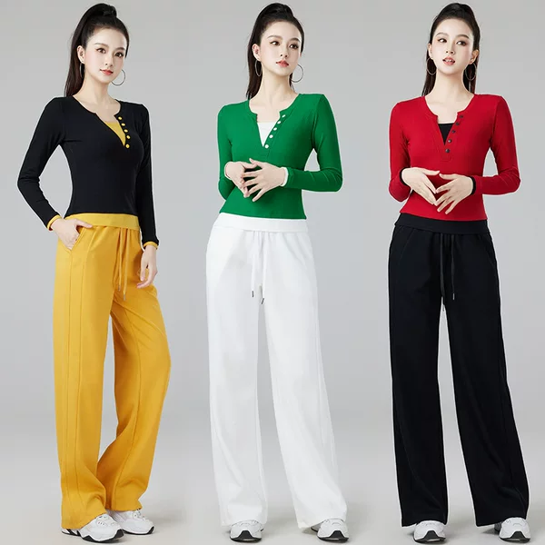 2025 Spring New Style Square Dance Sportswear Two-Piece Color-Block V-Neck Top and Slim Straight-Leg Pants Set