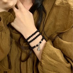 新しい中国風の天然黒檀チベットシルバー三連ブレスレットレトロ福袋古代スタイル木製仏ビーズブレスレット鎖骨ネックレス