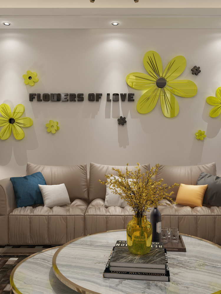 Decoração de parede autoadesiva em acrílico 3D com estampa de flores de verão para sala de jantar, sala de estar, quarto, sofá e parede atrás da TV._voghion.com