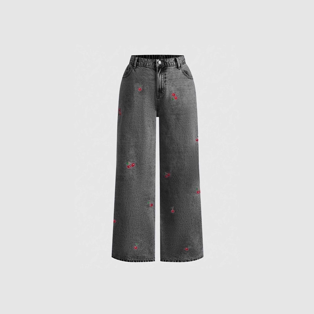 Vintage Washed Slimming Stretch Jeans For Women Smoky Gray Distressed Red Cherry Blossom Embroidered American Style_ecoleips.com