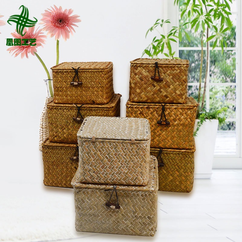 Makeup gift storage box, seagrass woven box, rectangular black buckle with flat lid, straw woven storage basket