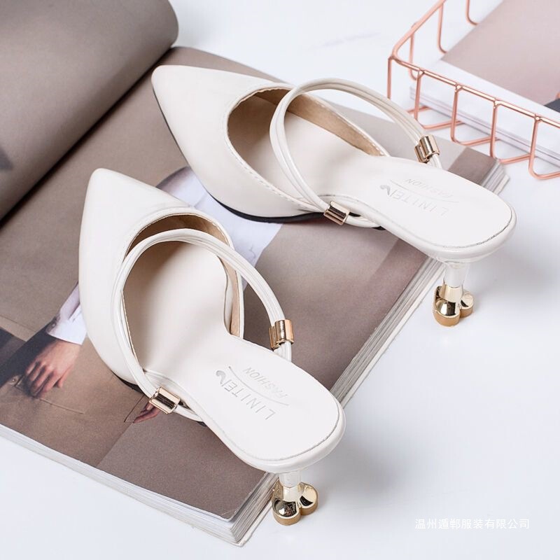 Little Ck Women's Shoes for Outdoor Wear, Thin Heels, 2025 Summer New Model, Closed-Toe Leather Pointed High-Heeled Versatile Sandals
