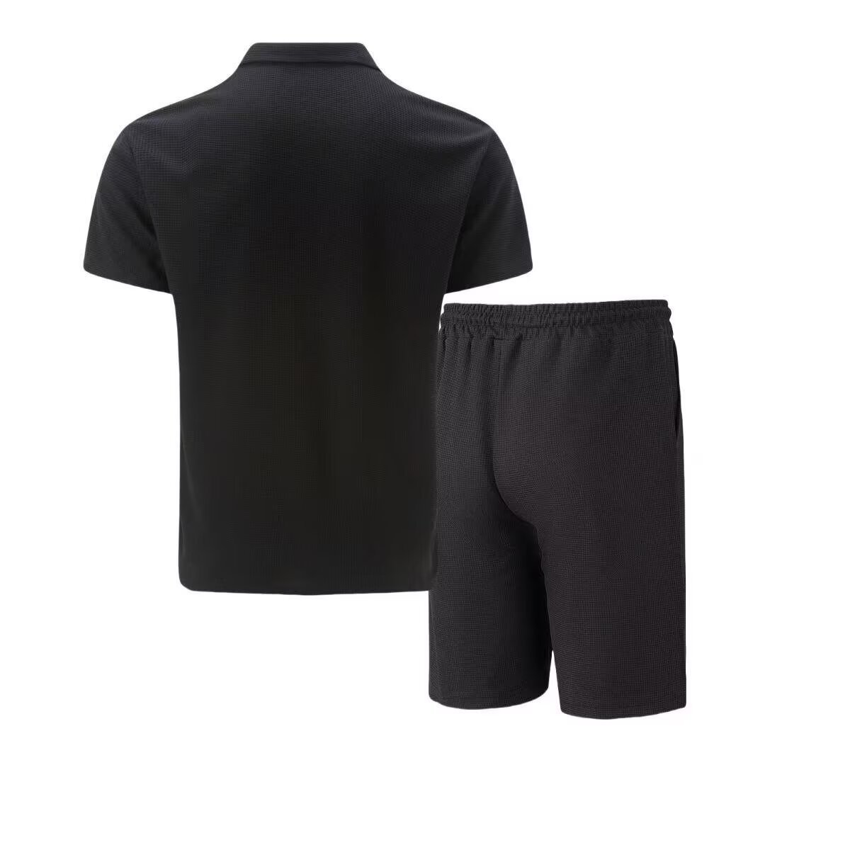 Terno masculino de cor sólida, manga curta, gola waffle, meio zíper, estilo verão._voghion.com