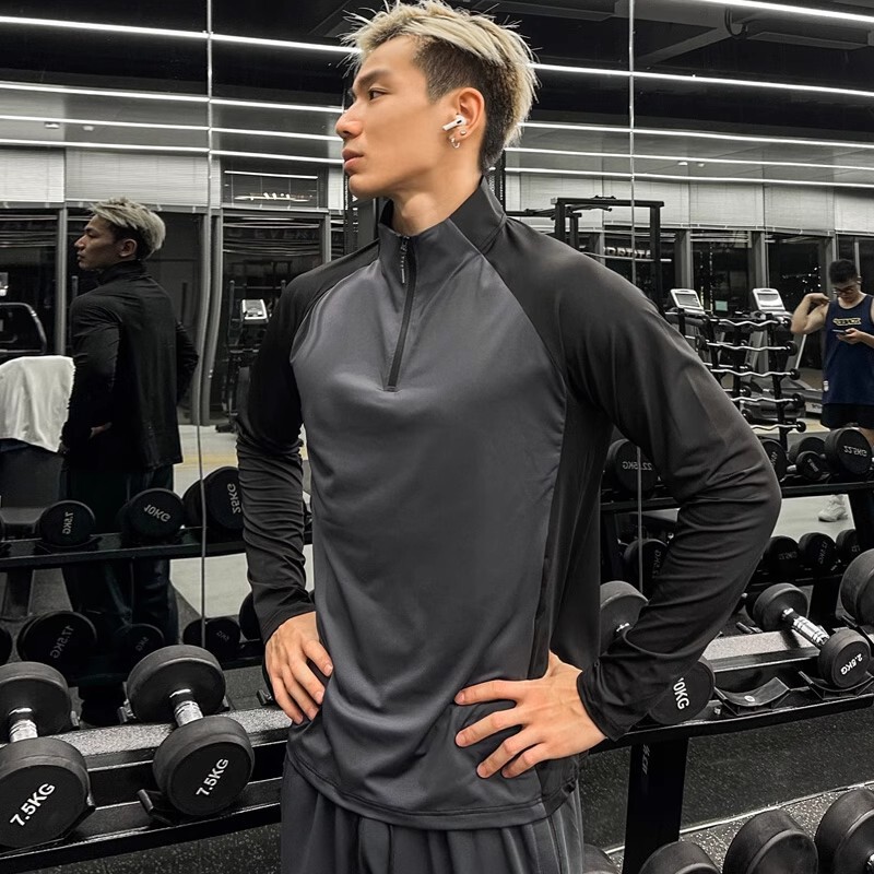 Taobao's Popular Fitness Clothing Men's Half-Zip Training Clothing Sports T-Shirt Long-Sleeved Summer Running Fitness Fitness Top