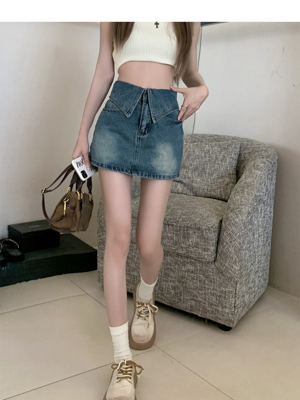 Retro Style High Waisted Denim Skirt plus Size A-Line Silhouette Women's Summer Bottoms Flattering for Petite Figures_ecoleips.com