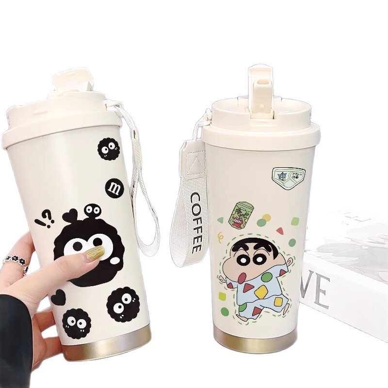不锈钢内胆咖啡杯卡通有提绳带吸管保温杯女生可爱凯蒂便携随行杯|undefined