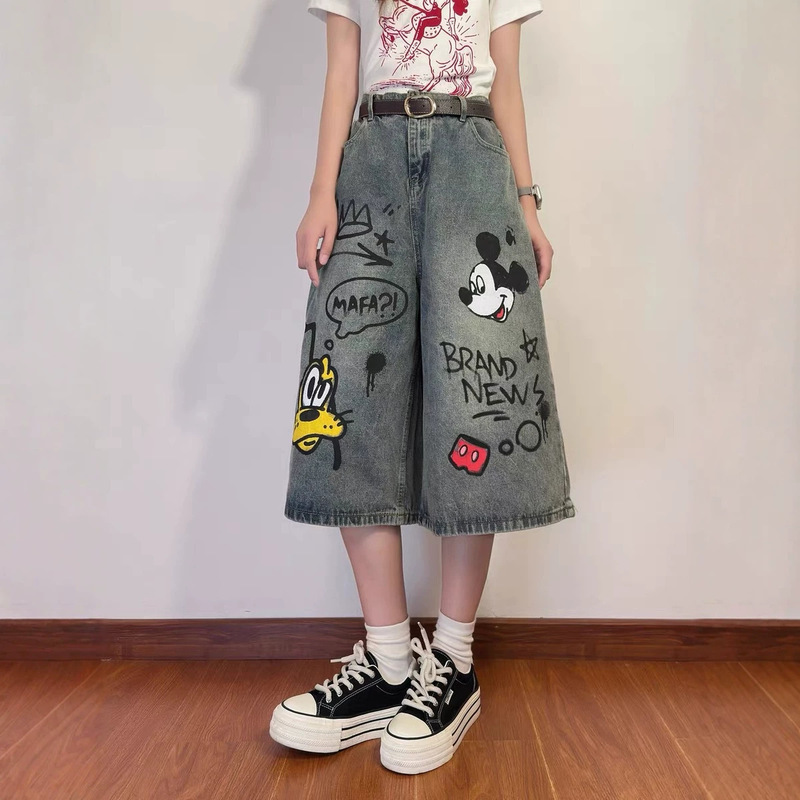 American Retro Denim Cropped Pants for Women, Plus Size, New Summer Style, Retro Cartoon Graffiti, High-Waisted, Loose Straight-Leg Wide-Leg Pants