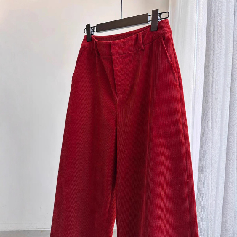 Red Corduroy Wide-Leg Pants for Women, Autumn 2025 New Style, Trendy Hot Item This Year, Loose Straight Pants for Petite Figures