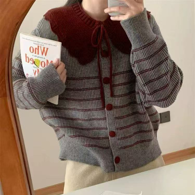 娃娃脸披肩撞色条纹针织衫外套女2025秋冬甜美温柔风针织衫上衣女|undefined