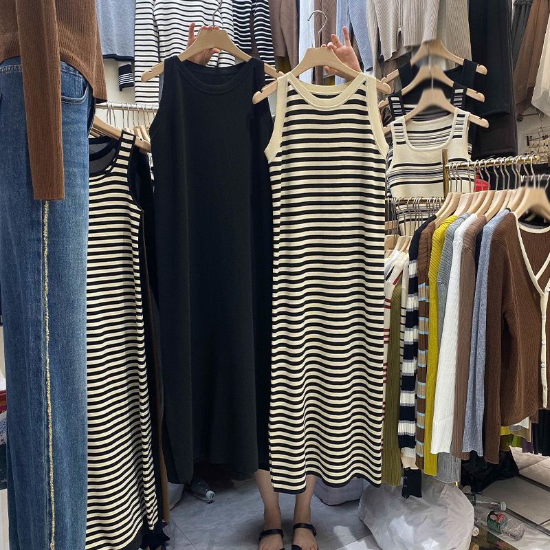 Spring and Summer Striped Camisole Dress, Sleeveless, Loose Fit, Plus Size, for Outerwear or Layering, with Slit Long Skirt Spring and Summer Striped Camisole Dress, Sleeveless, Loose Fit, Plus Size, for Outerwear or Layering, with Slit Long Skirt