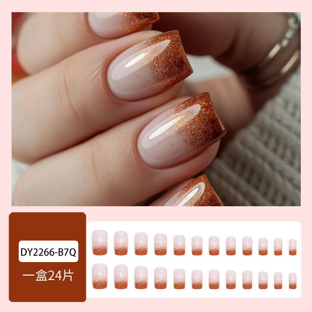Ventas transfronterizas de polvo desnudo, polvo de color caramelo brillante, manicure, viento suave de otoño, 24 piezas de parche de uñas falsas