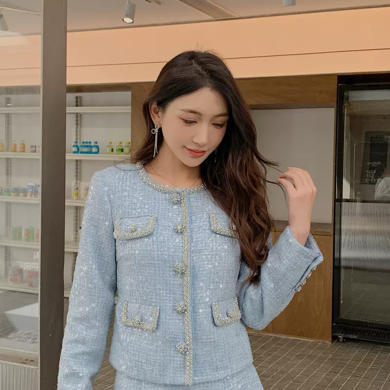 薄雾蓝亮片毛呢圆领长袖外套开衫半身裙短裙时尚套装 销售仅外套