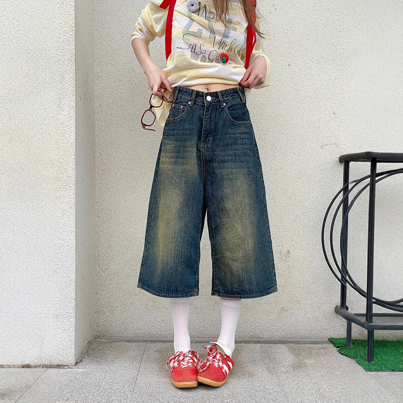 Light Blue Wide-Leg Denim Cropped Pants for Women, Summer New High-Waisted Loose Slimming Comfortable Versatile Straight Mid-Length Pants