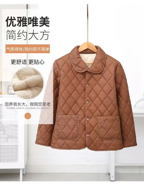 加厚保暖棉衣女娃娃领尼丝纺长袖外套冬季新款菱形格子加绒妈妈棉|undefined