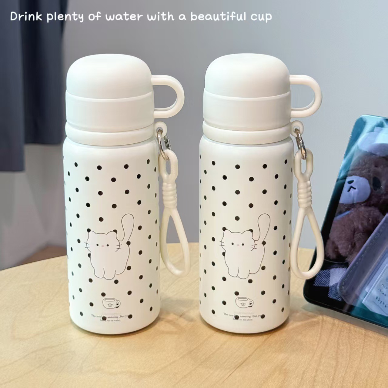Milk White Polka Dot Cat-Themed Three-Drink Insulated Cup, Stainless Steel Large Capacity Portable Insulated Water Cup for Students on the Go