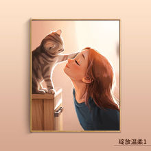 简约治愈女孩猫咪可爱人物卧室壁画ins风温馨画猫咪儿童房间挂画