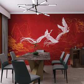 新中式故宫红凤凰壁画茶室卧室客厅古典背景墙布餐厅包厢装饰墙纸