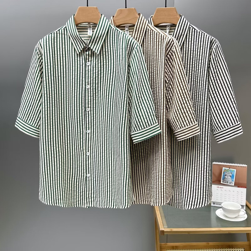 Shirt summer 2026 new fashion youth shirt short sleeve slim casual men's striped three-quarter sleeve