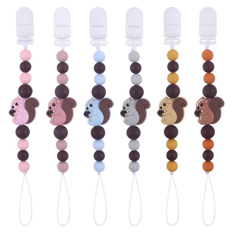 Nuevo bebé suministros de dibujos animados ardilla mordedor creativo bebé lindo silicona mordedura pezón cadena anti-caída cadena