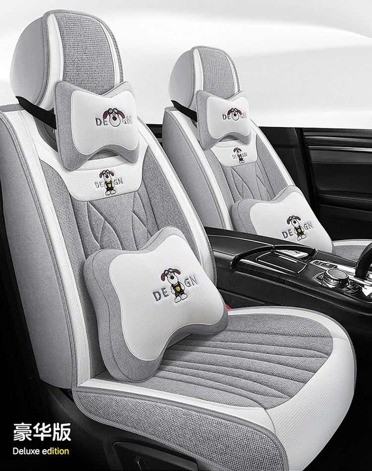 Car Seat Cushion Full Surround, Universal for All Seasons, Cartoon Linen Fabric Car Seat Cover, Special Seat Cover for Small Cars