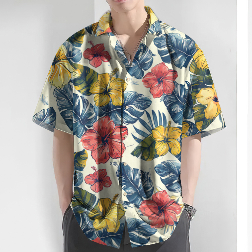 2024 Camisa de manga corta estampada hawaiana para hombre, talla europea, playa, fábrica de camisas para hombre hawaiano