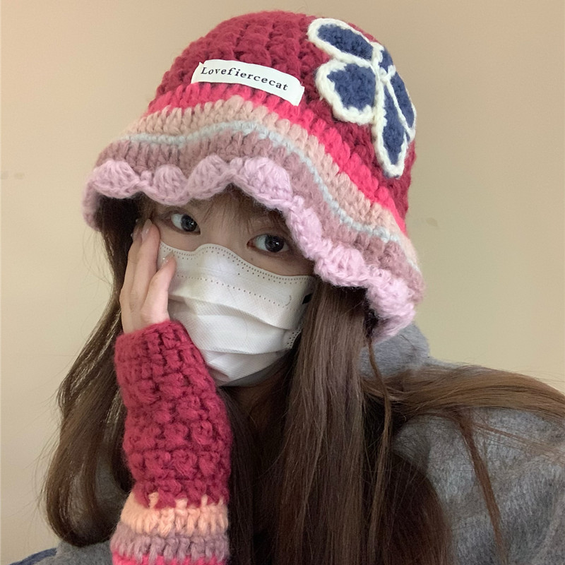 colorful Floral Knit Fisherman's Hat, Suitable For Women, For Autumn And Winter, Sweet Bucket Hat, Suitable For Large Head Shapes._voghion.com