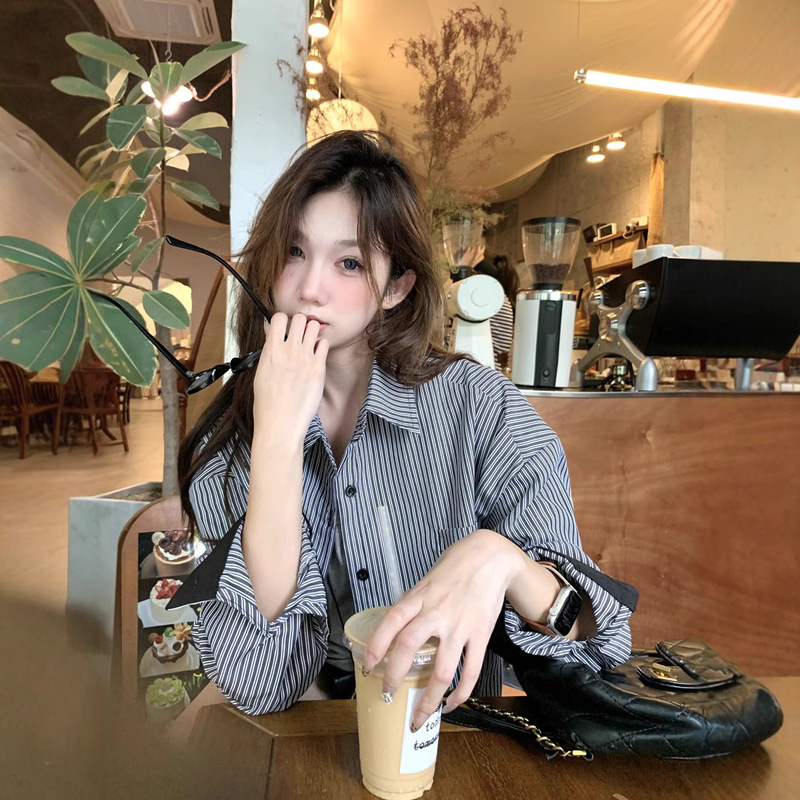 Vertical Stripe Shirt Coat Women's Autumn New Design Sense Niche Loose Shirt Korean Style Retro Long Sleeve Top