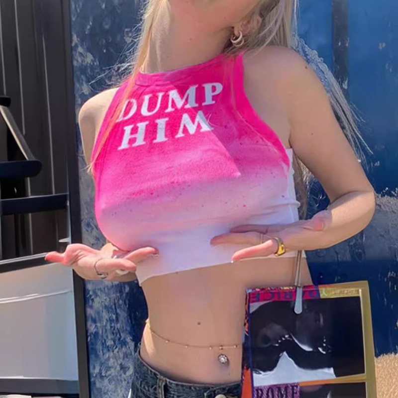 European and American Printed Pullover Small Vest Women's Slim-fit Sexy Big Backless Gradient Sweet Spicy Style Rendering Letter Short Style Women